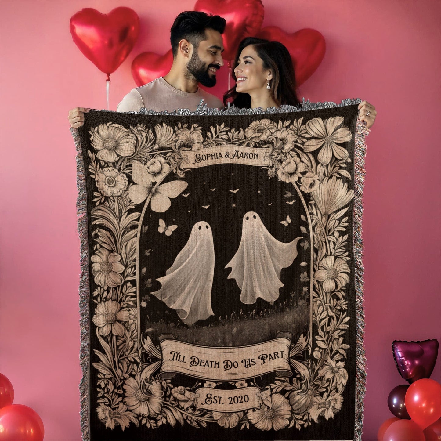 Gift for Couples Wife Husband Soulmate | Till Death Do Us Part Friendly Ghost Blanket