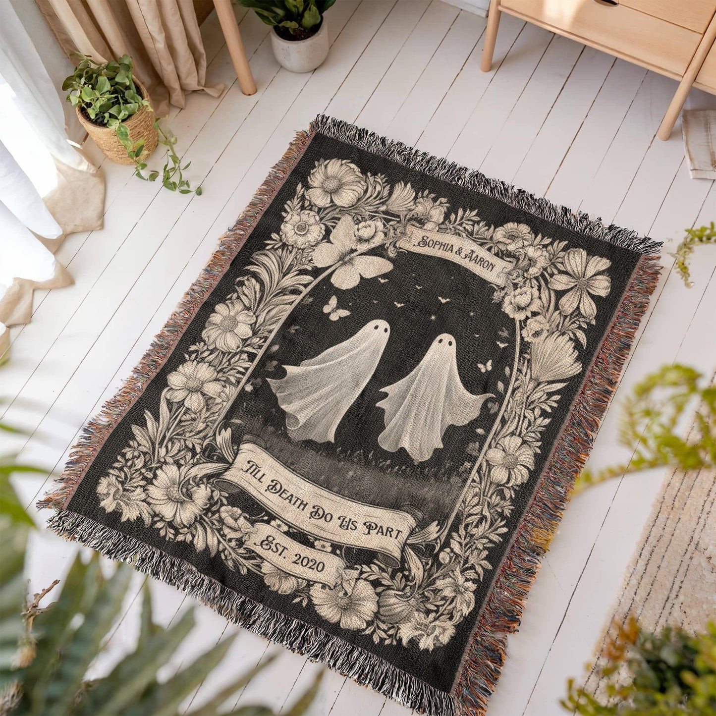 Gift for Couples Wife Husband Soulmate | Till Death Do Us Part Friendly Ghost Blanket