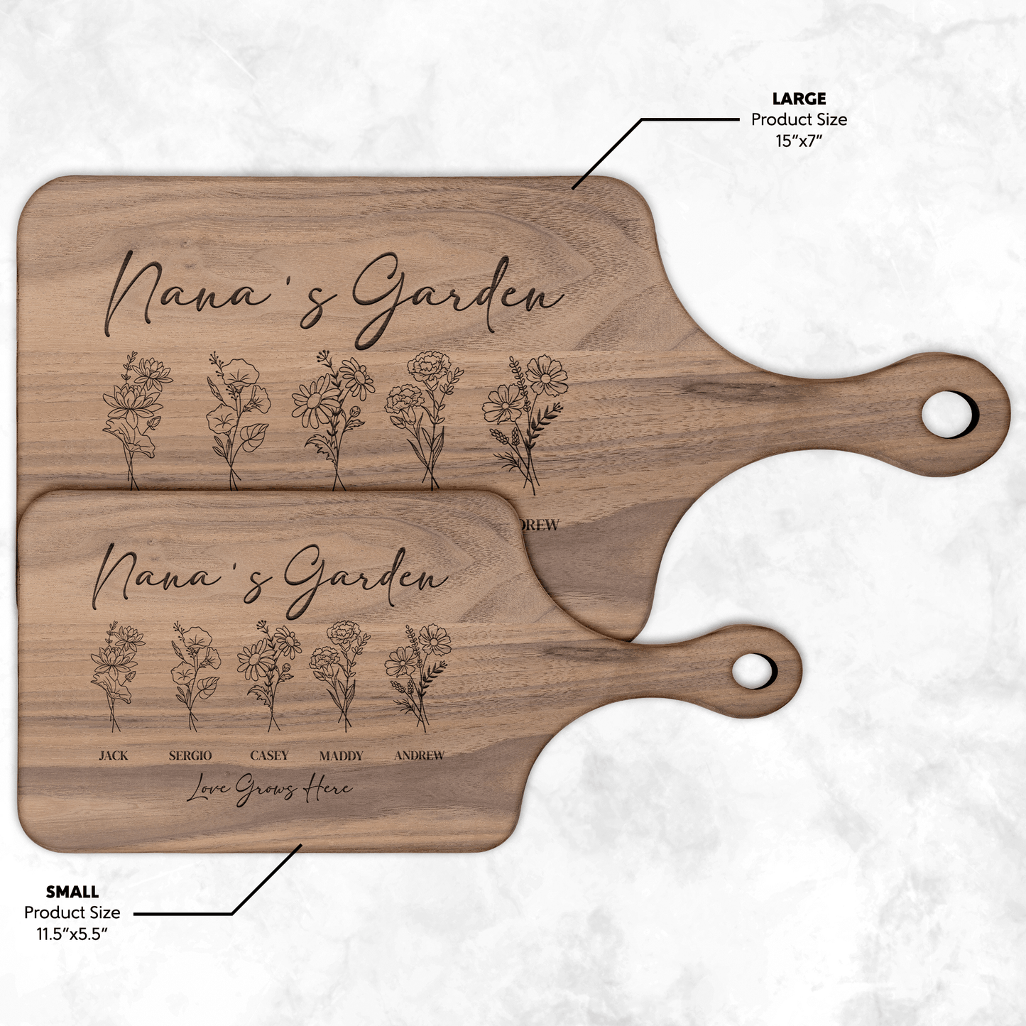 Mama's garden personalized birth flower walnut hardwood cutting board customized with names and the words love grows here.