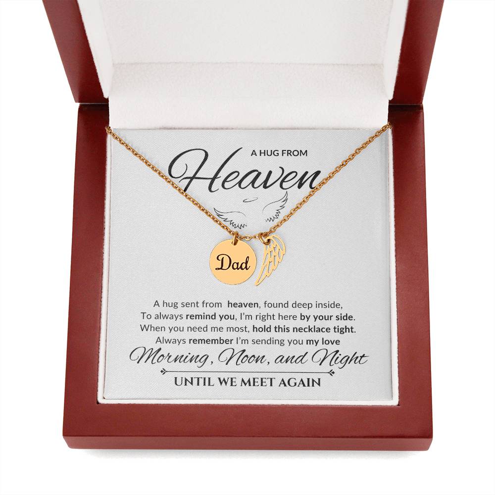 An elegant memorial necklace for dad, featuring angel wings and a pendant with a heartfelt poem. The pendant is displayed against a soft background, symbolizing eternal love and remembrance.