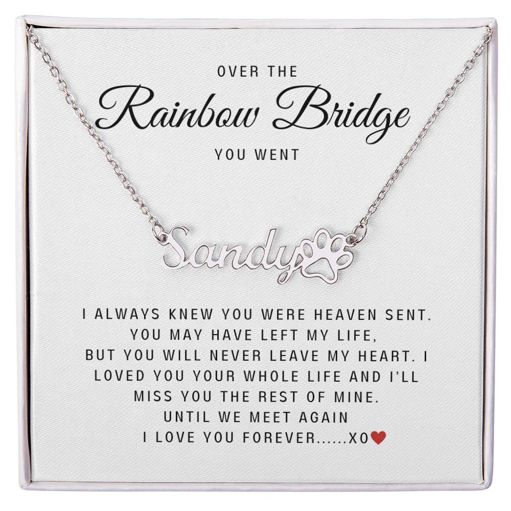 personalized pet name necklace with paw pendant