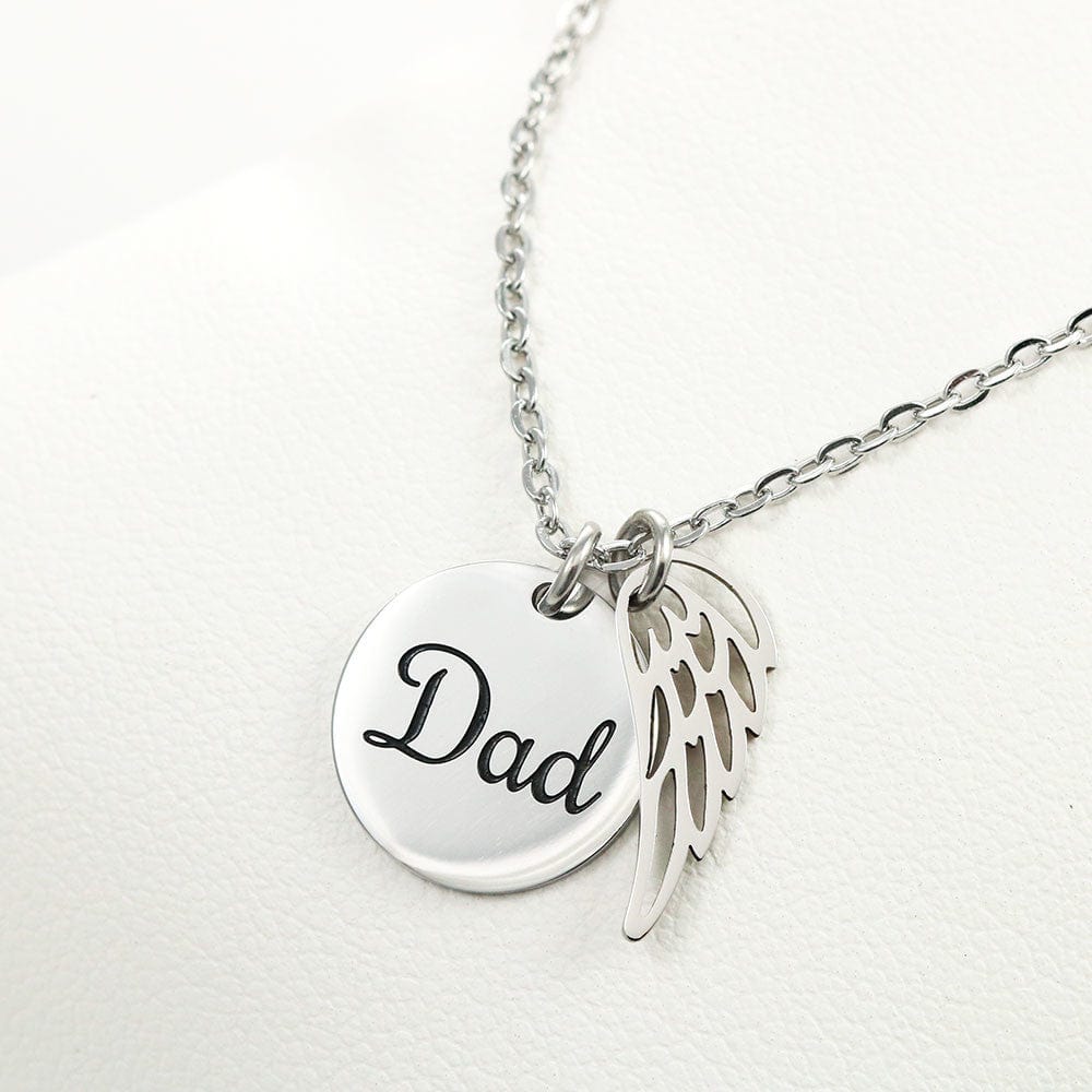 An elegant memorial necklace for dad, featuring angel wings and a pendant with a heartfelt poem. The pendant is displayed against a soft background, symbolizing eternal love and remembrance.