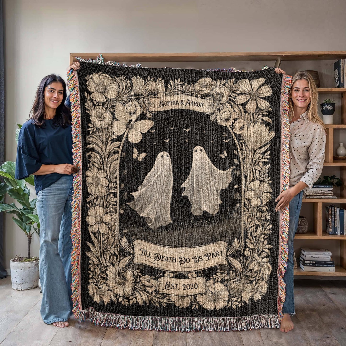 Gift for Couples Wife Husband Soulmate | Till Death Do Us Part Friendly Ghost Blanket