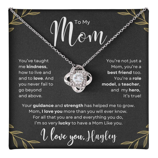 Gift to Mom From Son or Daughter Personalized with message card and love knot necklace.