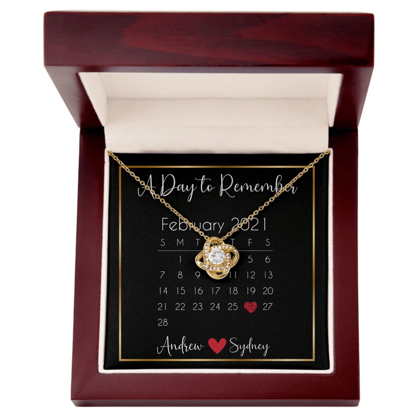 Personalized message card love knot necklace called "A Day to Remember" with a calendar and personalized names at the bottom.