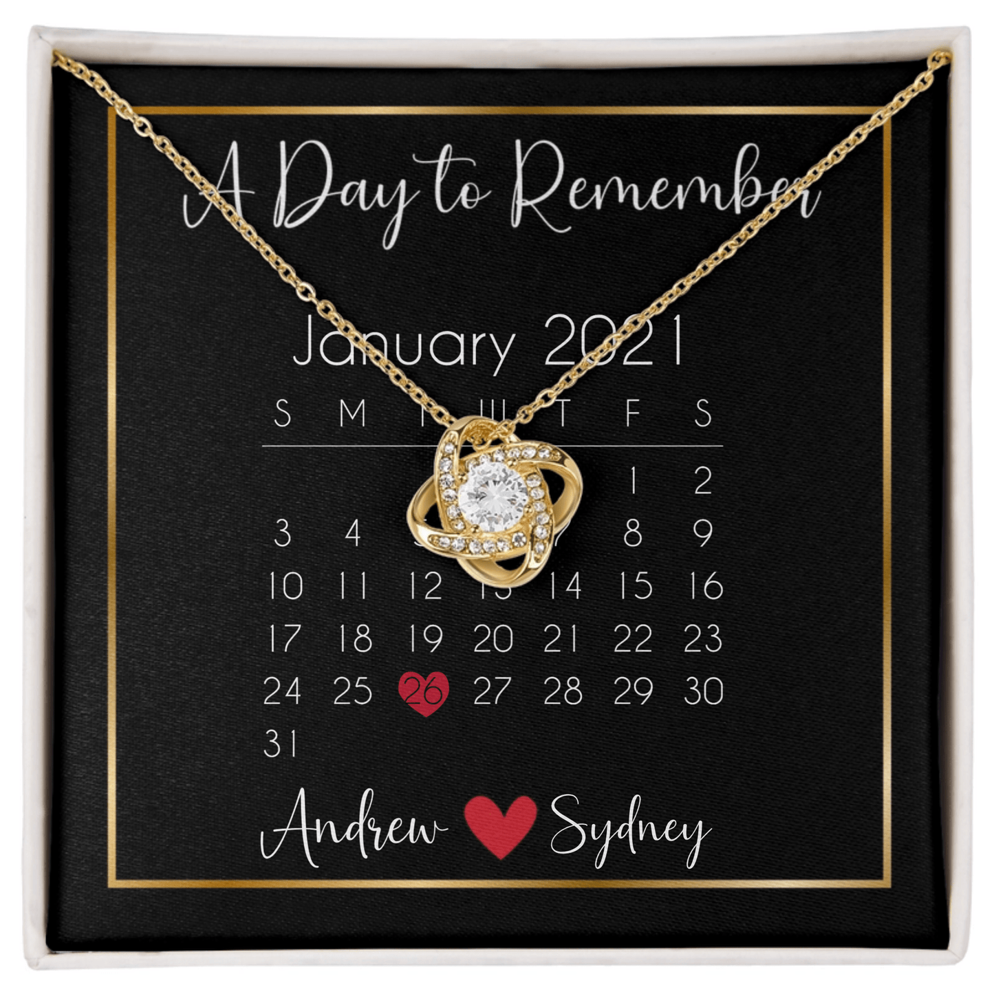 Personalized message card love knot necklace called "A Day to Remember" with a calendar and personalized names at the bottom.