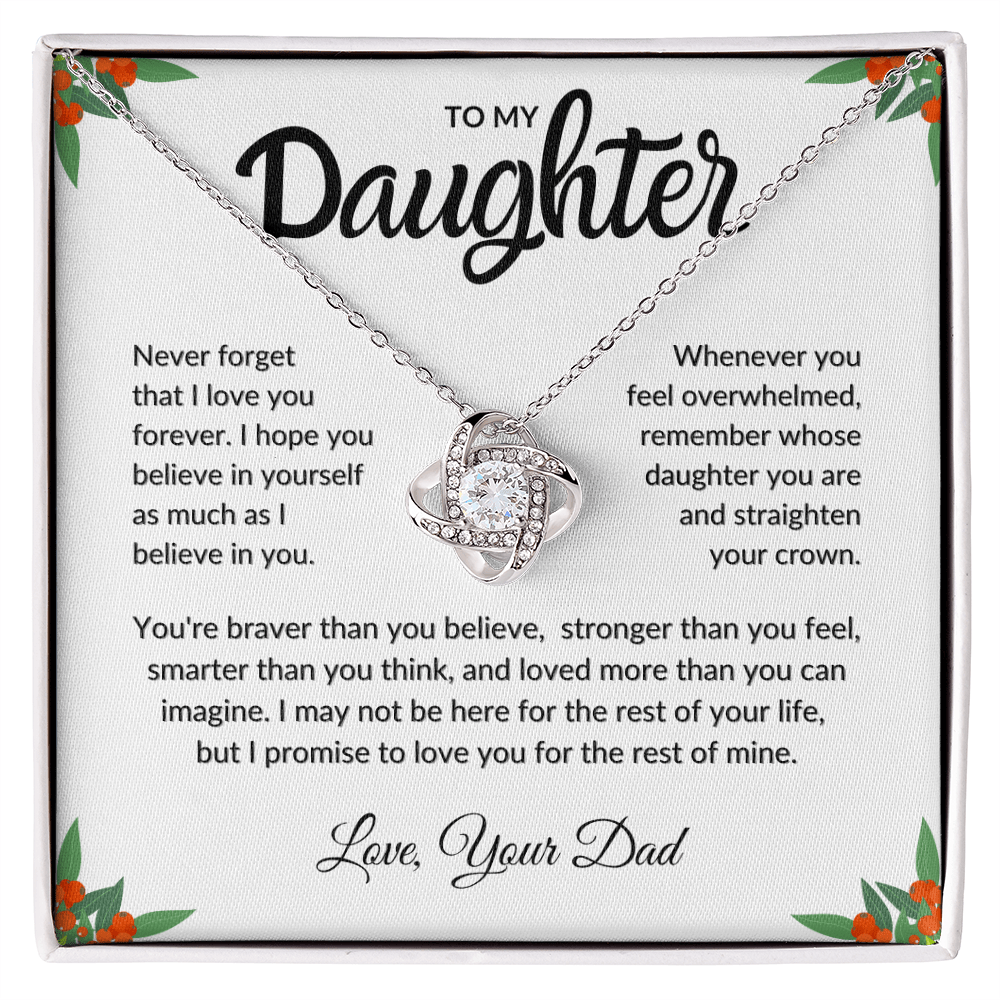 Close up shot of a silver necklace gift in front of a sentimental message card from Dad to Daughter