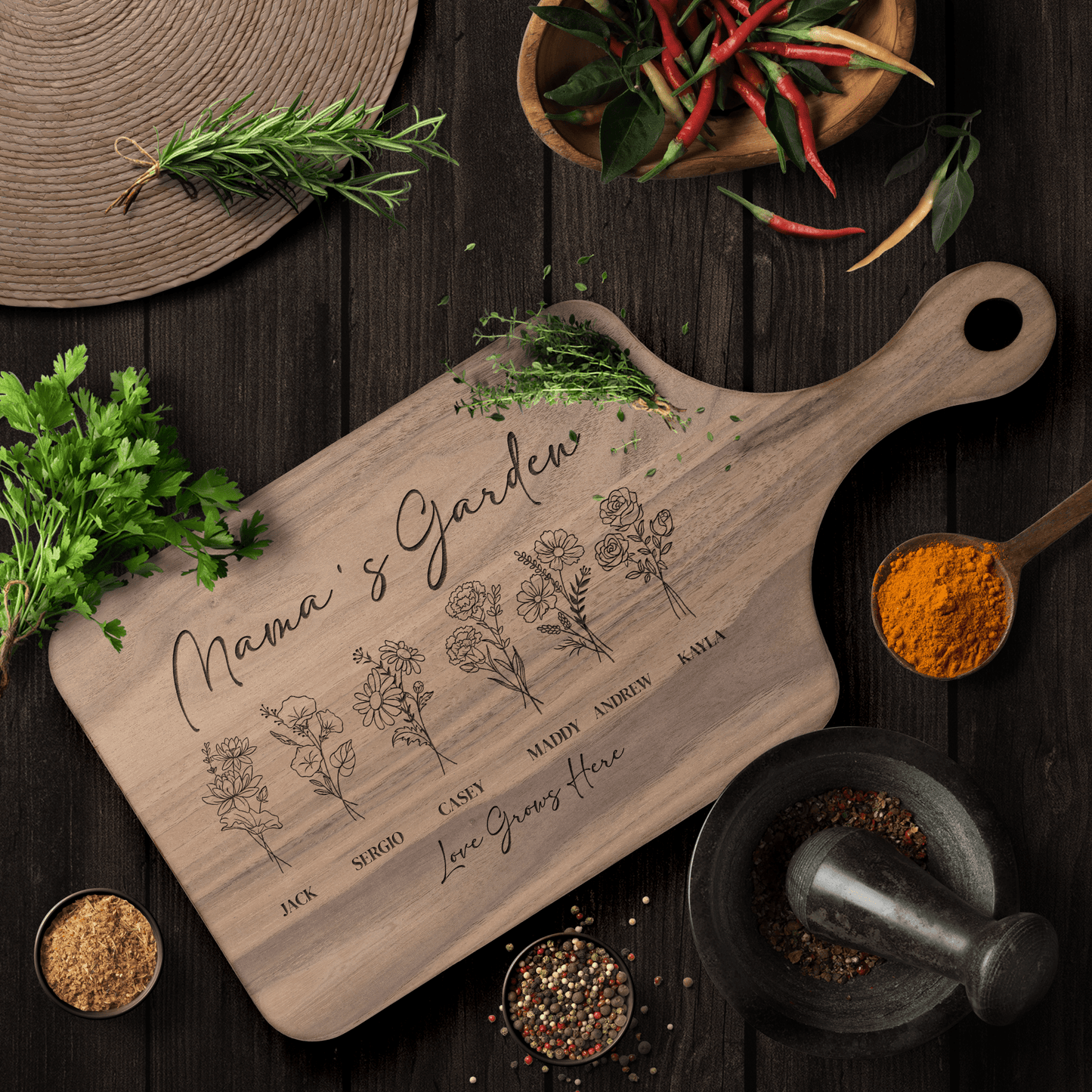 Mama's garden personalized birth flower walnut hardwood cutting board customized with names and the words love grows here.