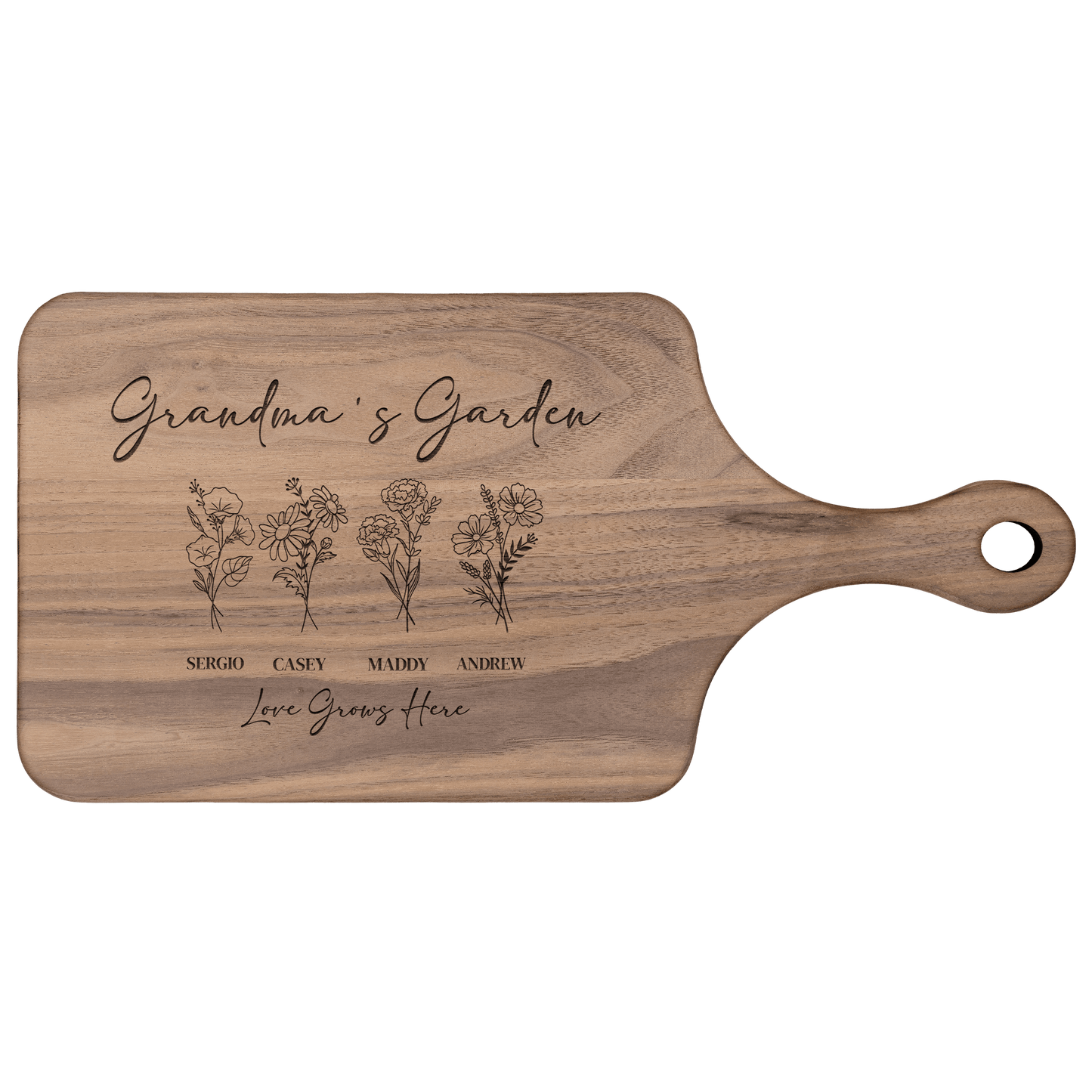 Mama's garden personalized birth flower walnut hardwood cutting board customized with names and the words love grows here.