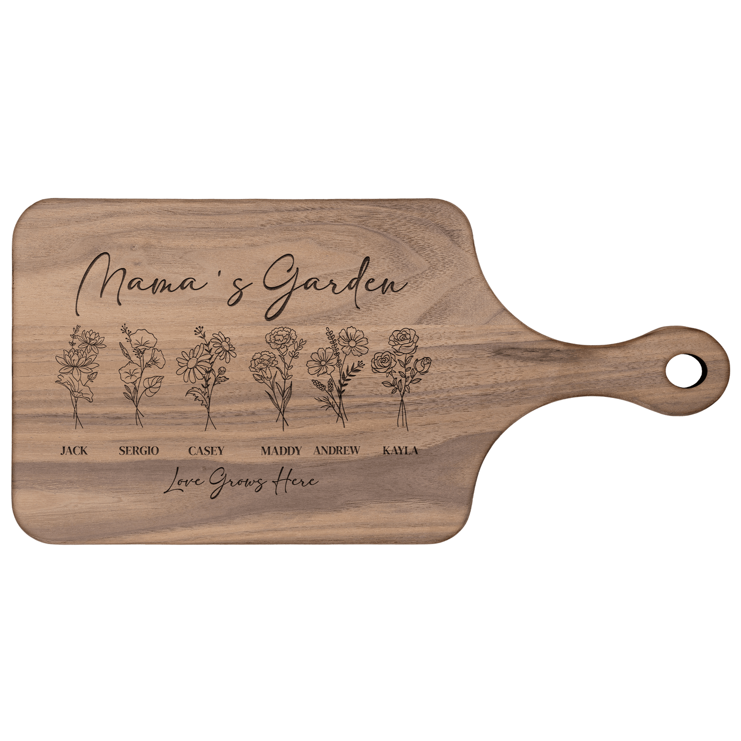 Mama's garden personalized birth flower walnut hardwood cutting board customized with names and the words love grows here.