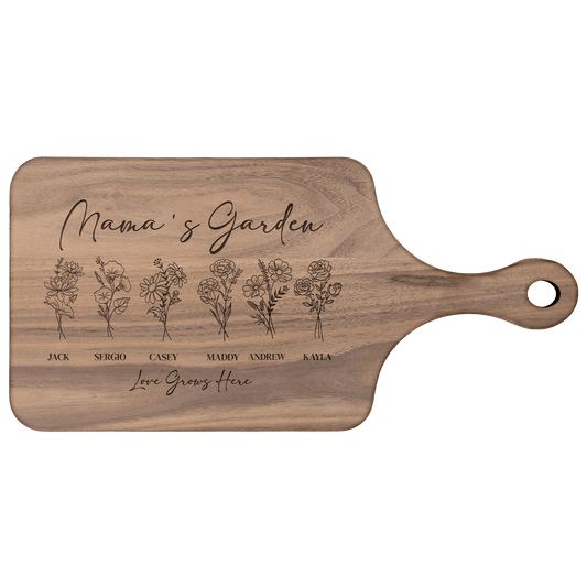 Mama's garden personalized birth flower walnut hardwood cutting board customized with names and the words love grows here.