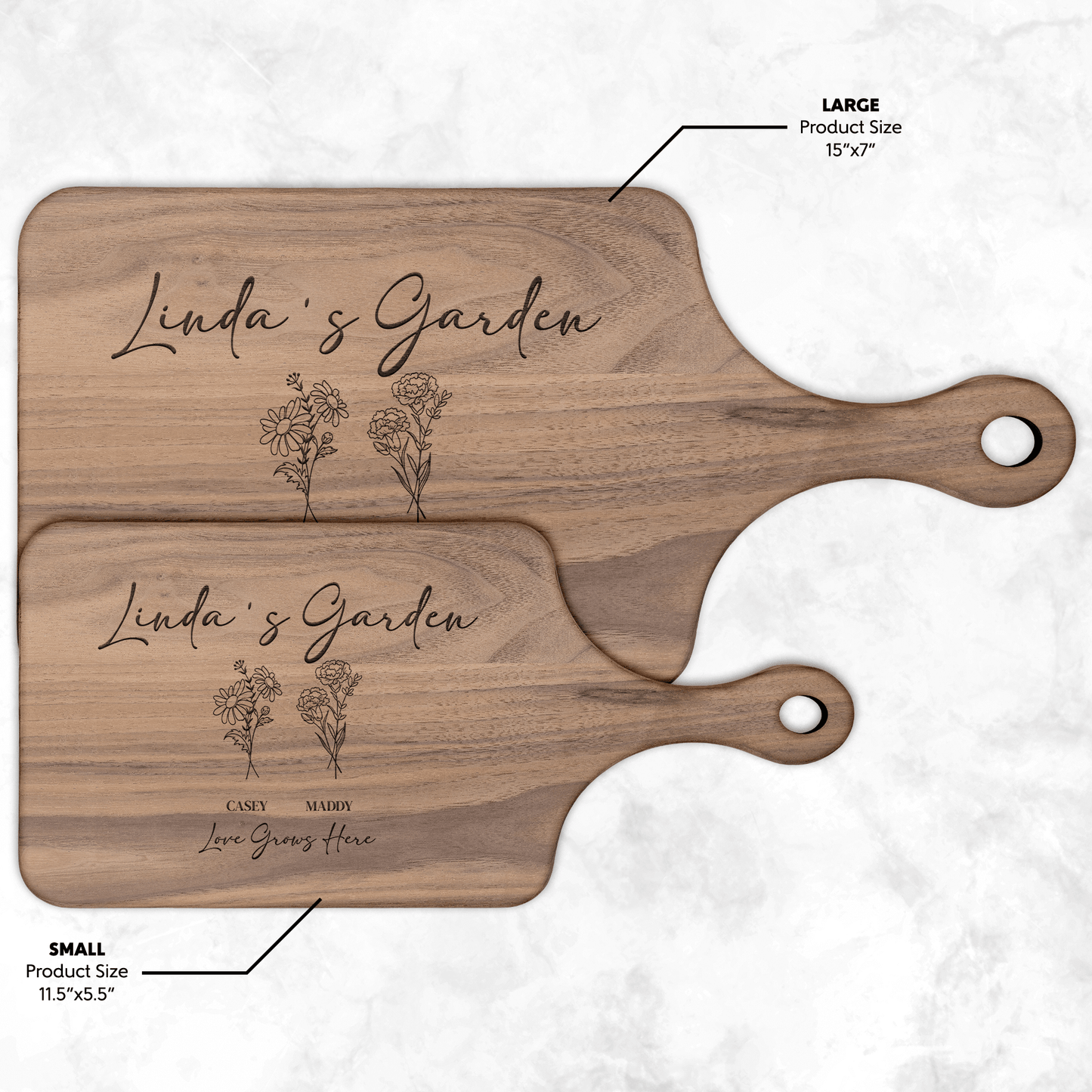 Mama's garden personalized birth flower walnut hardwood cutting board customized with names and the words love grows here.