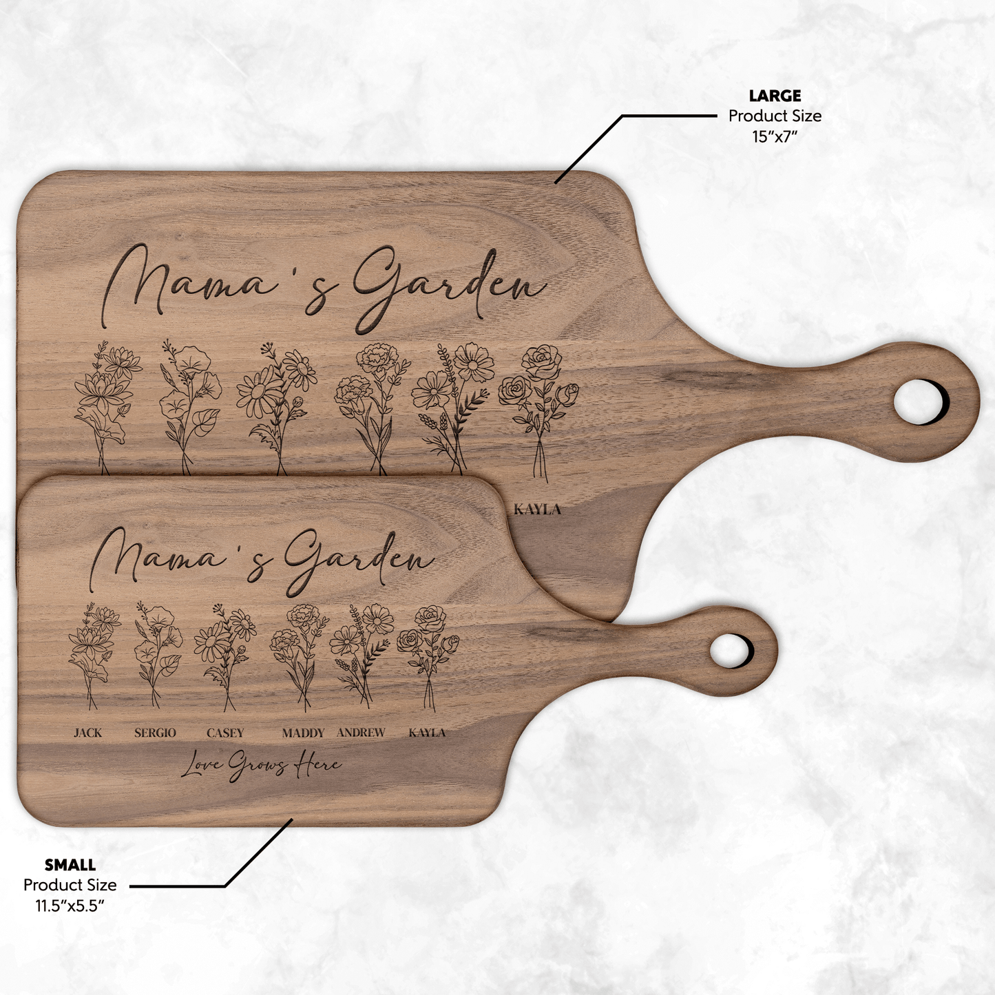 Mama's garden personalized birth flower walnut hardwood cutting board customized with names and the words love grows here.
