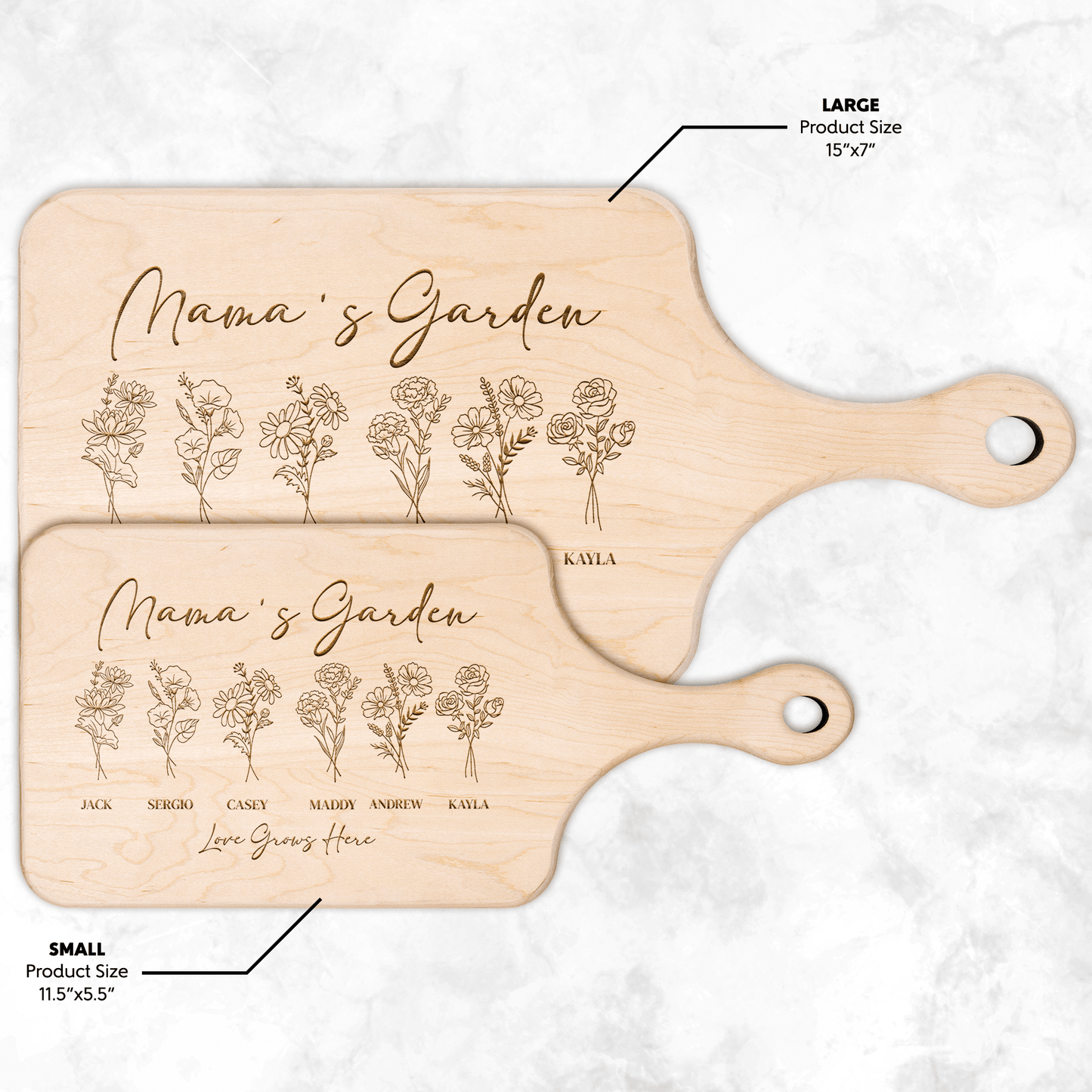 Mama's garden personalized birth flower maple hardwood cutting board customized with names and the words love grows here.