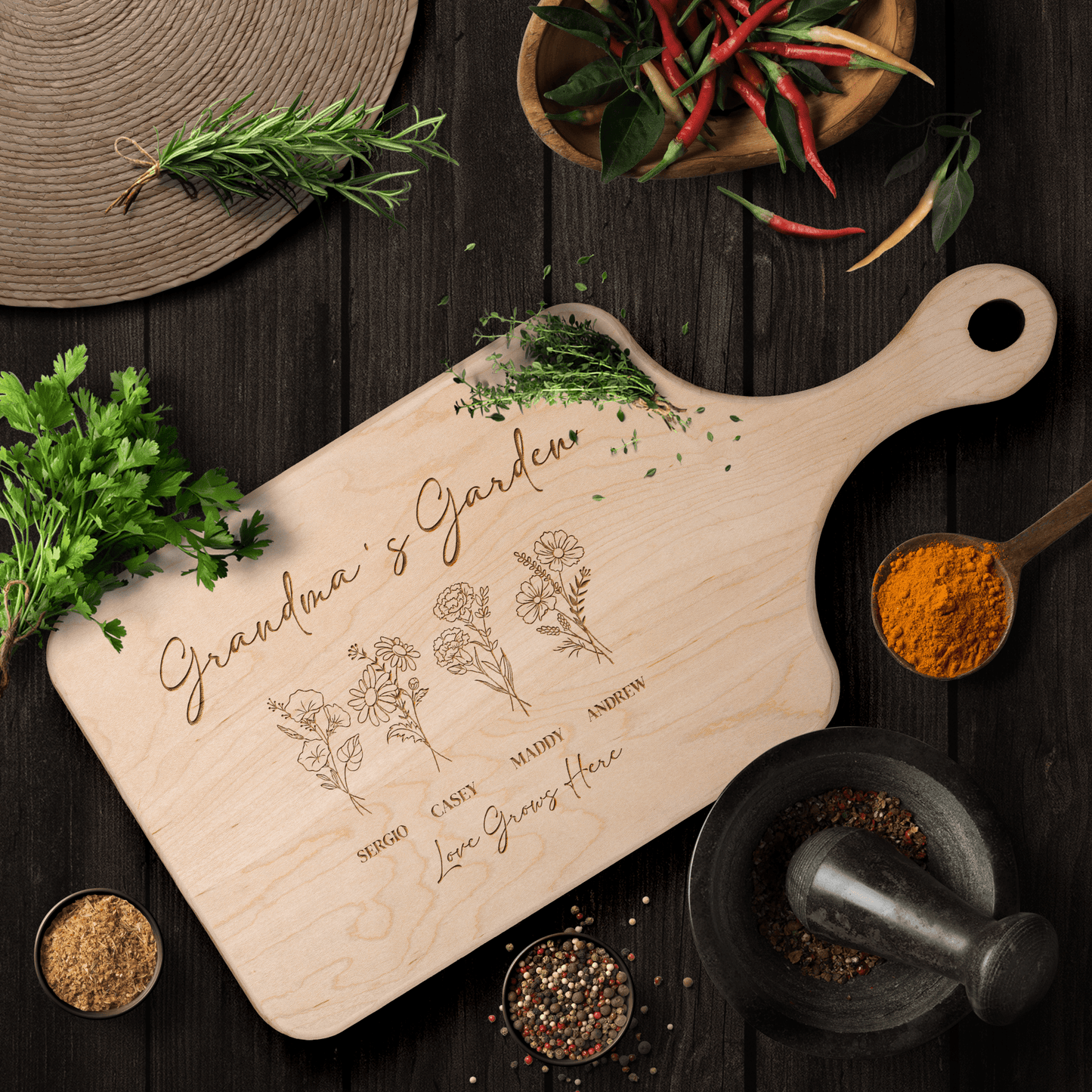 Mama's garden personalized birth flower maple hardwood cutting board customized with names and the words love grows here.