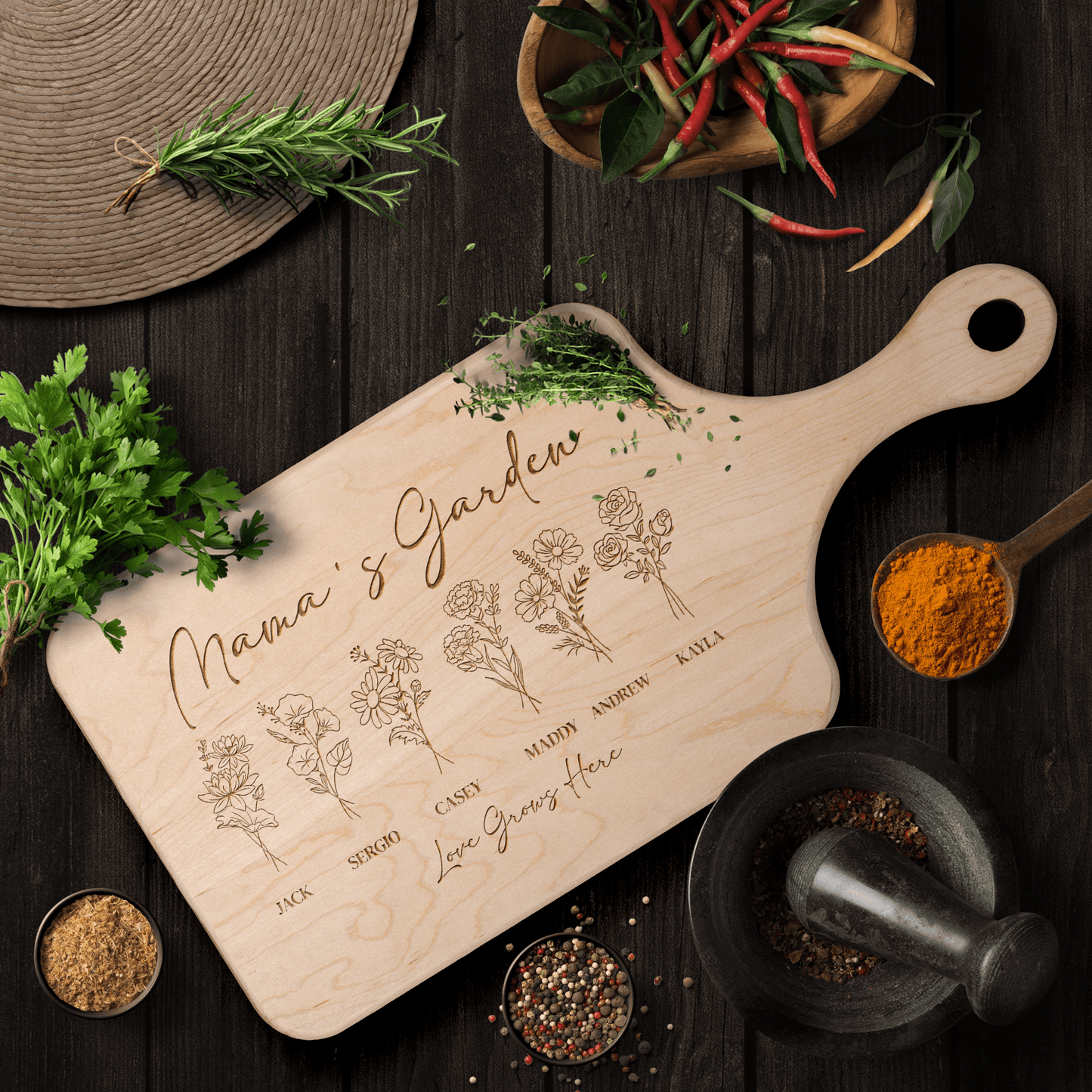 Mama's Garden Birth Flower | Cutting Board