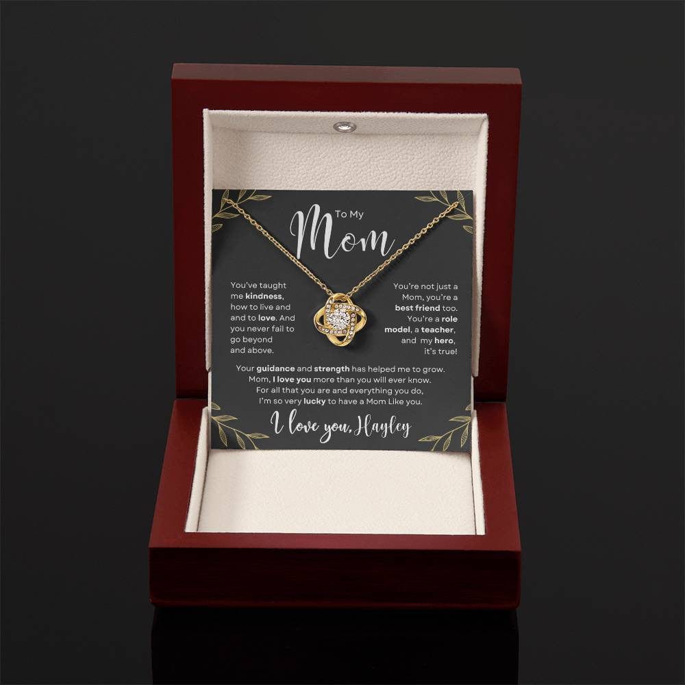 Gift to Mom From Son or Daughter Personalized with message card and love knot necklace.