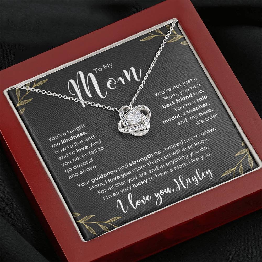 Gift to Mom From Son or Daughter Personalized with message card and love knot necklace.