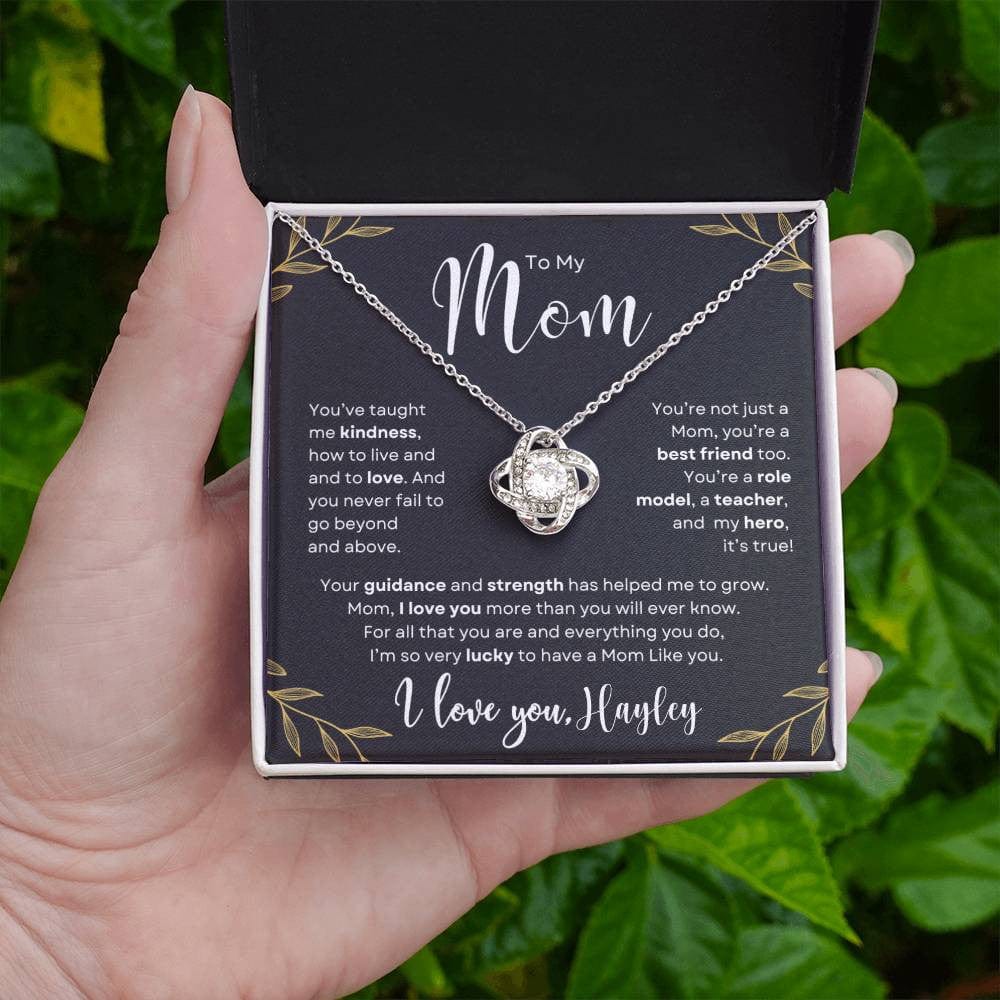 Gift to Mom From Son or Daughter Personalized with message card and love knot necklace.