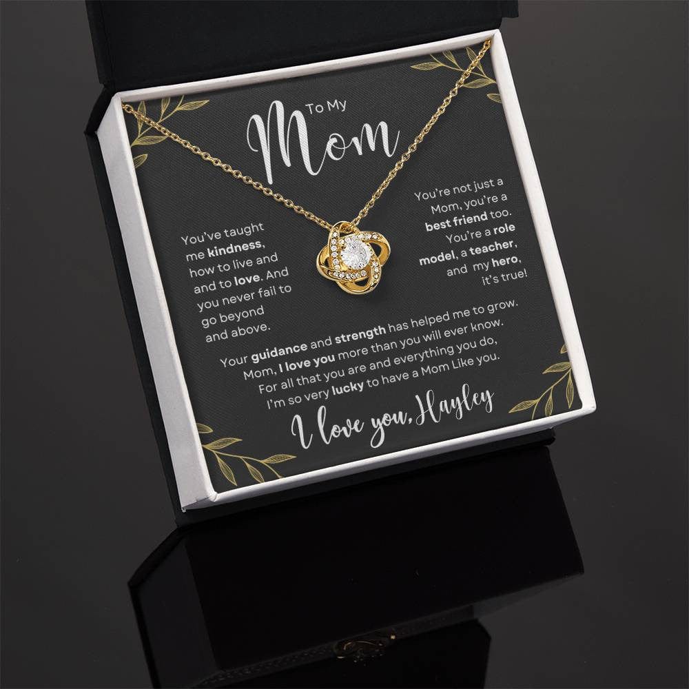 Gift to Mom From Son or Daughter Personalized with message card and love knot necklace.