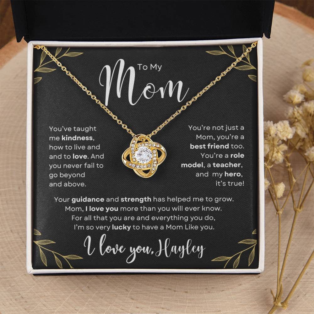 Gift to Mom From Son or Daughter Personalized with message card and love knot necklace.