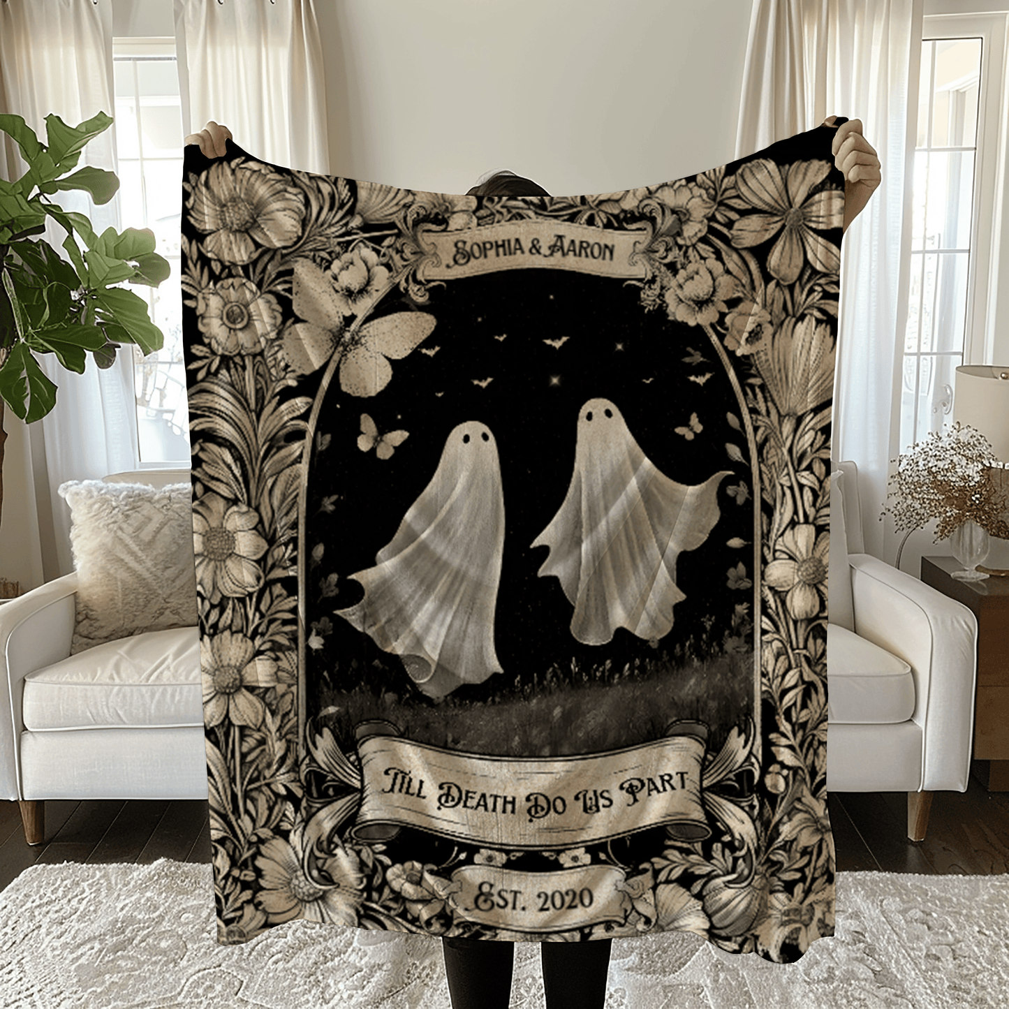 Gift for Couples Wife Husband Soulmate | Till Death Do Us Part Friendly Ghost Blanket
