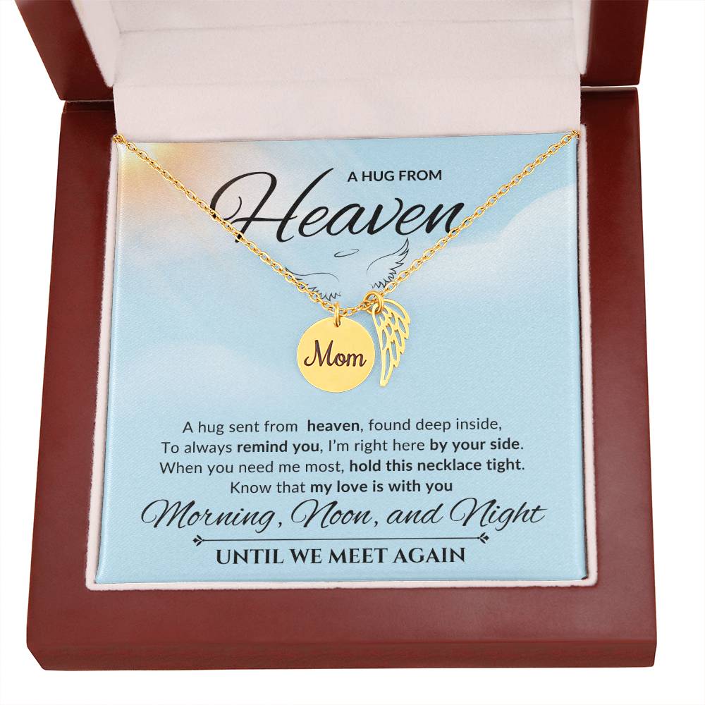 An emotional tribute necklace for mom, showcasing angel wings and a pendant with a heartfelt poem. The pendant is elegantly displayed against a serene backdrop, conveying everlasting love and fond memories.