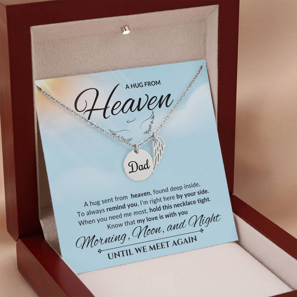 An elegant memorial necklace for dad, featuring angel wings and a pendant with a heartfelt poem. The pendant is displayed against a soft background, symbolizing eternal love and remembrance.