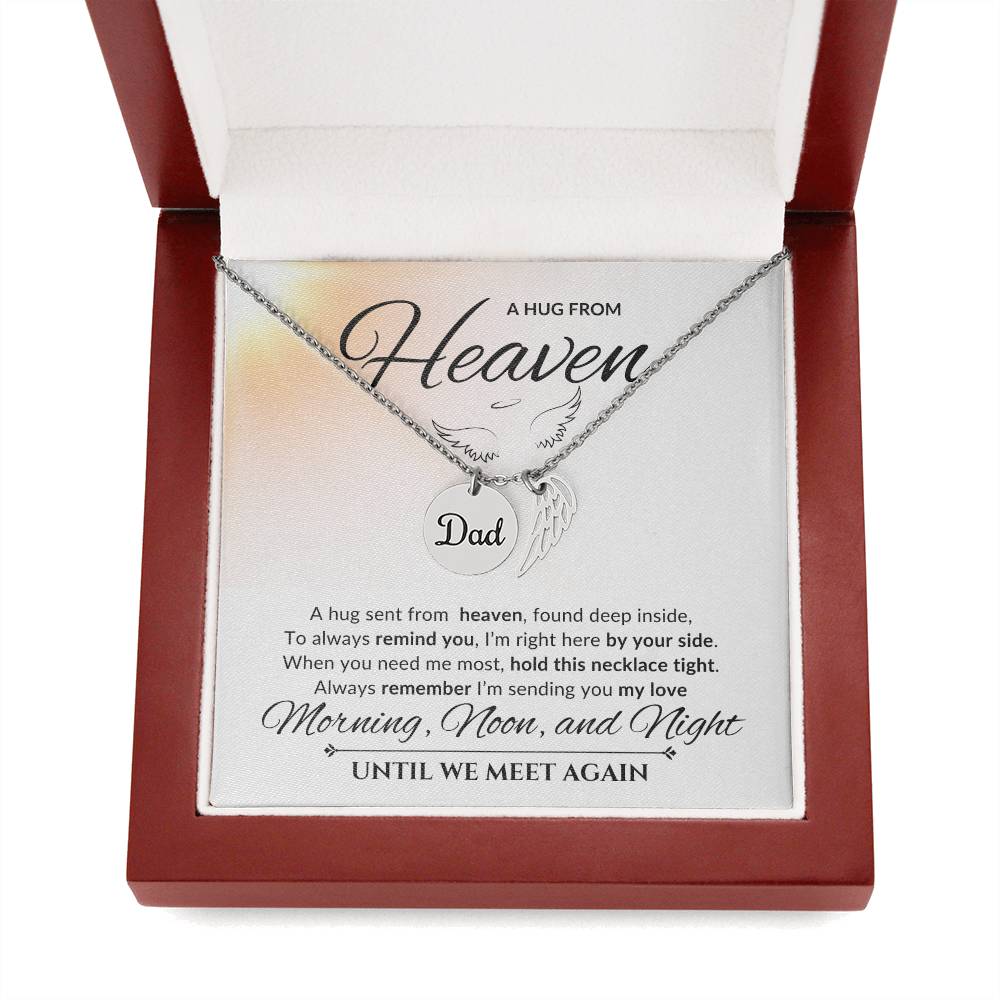 An elegant memorial necklace for dad, featuring angel wings and a pendant with a heartfelt poem. The pendant is displayed against a soft background, symbolizing eternal love and remembrance.