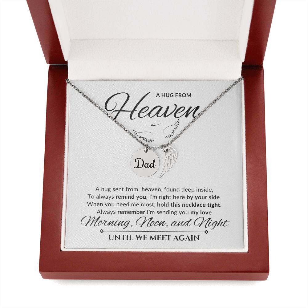 An elegant memorial necklace for dad, featuring angel wings and a pendant with a heartfelt poem. The pendant is displayed against a soft background, symbolizing eternal love and remembrance.