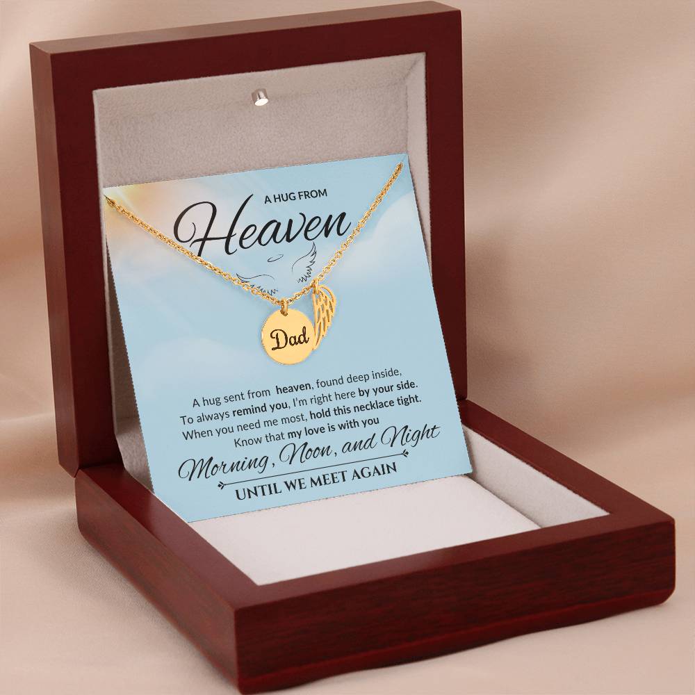 An elegant memorial necklace for dad, featuring angel wings and a pendant with a heartfelt poem. The pendant is displayed against a soft background, symbolizing eternal love and remembrance.