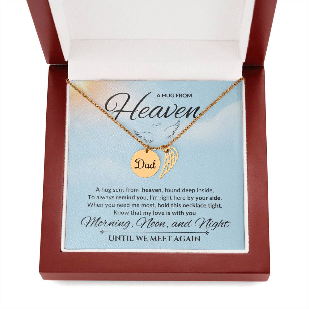 An elegant memorial necklace for dad, featuring angel wings and a pendant with a heartfelt poem. The pendant is displayed against a soft background, symbolizing eternal love and remembrance.