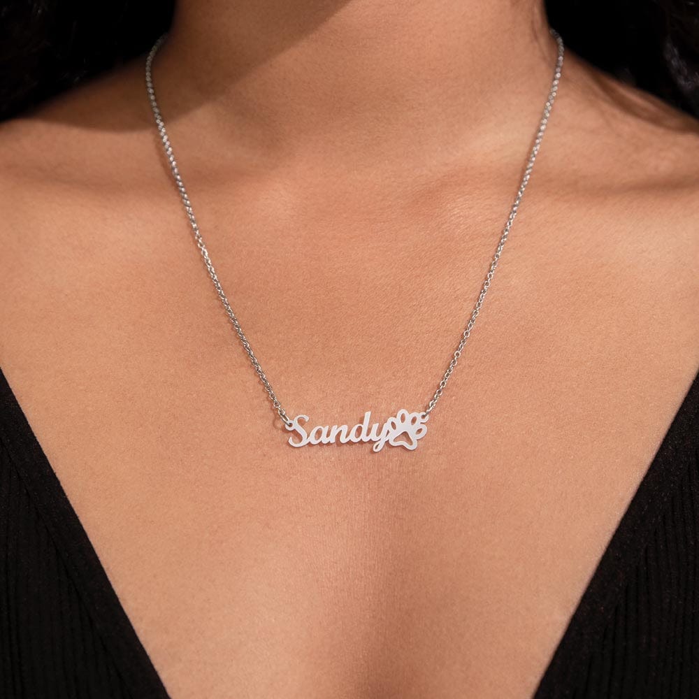 personalized pet name necklace with paw pendant