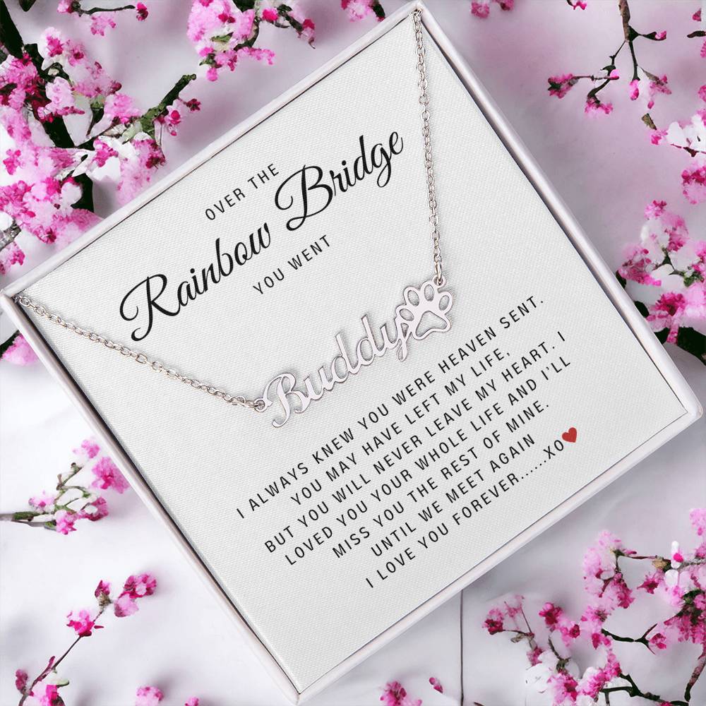 personalized pet name necklace with paw pendant