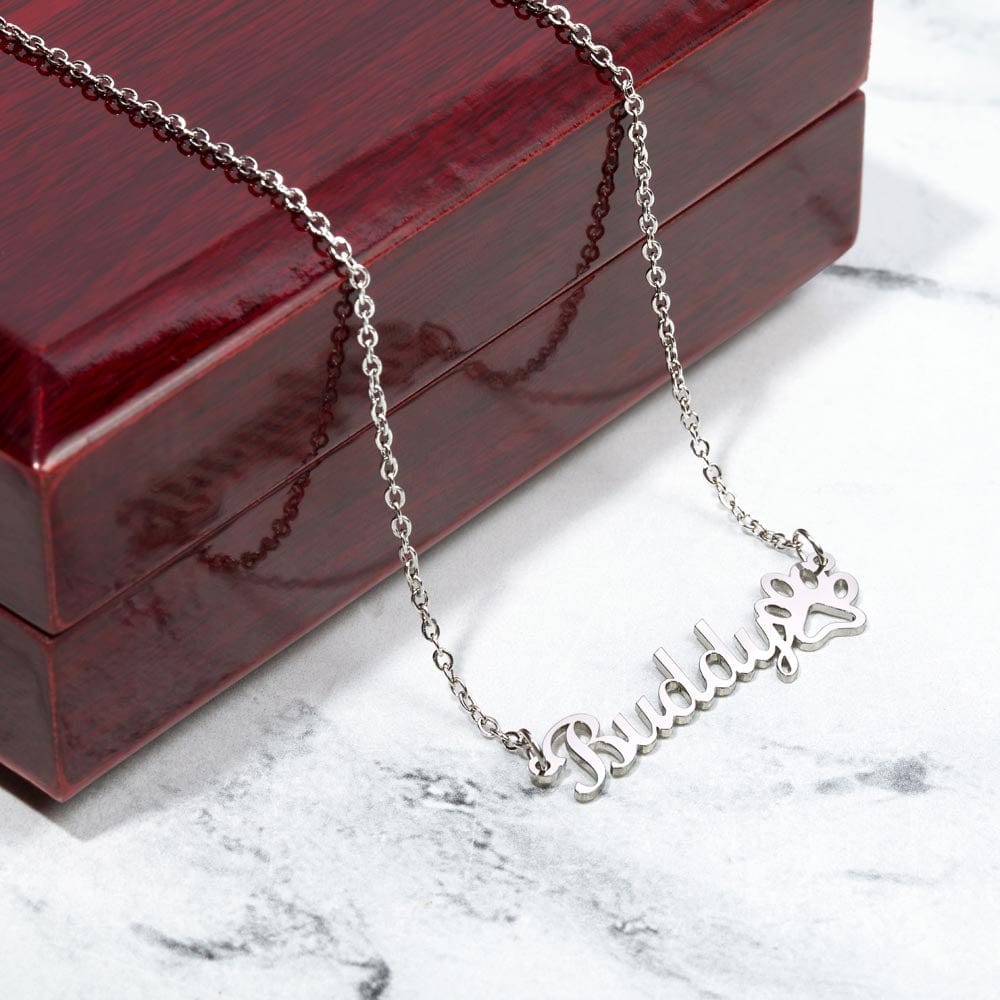 personalized pet name necklace with paw pendant