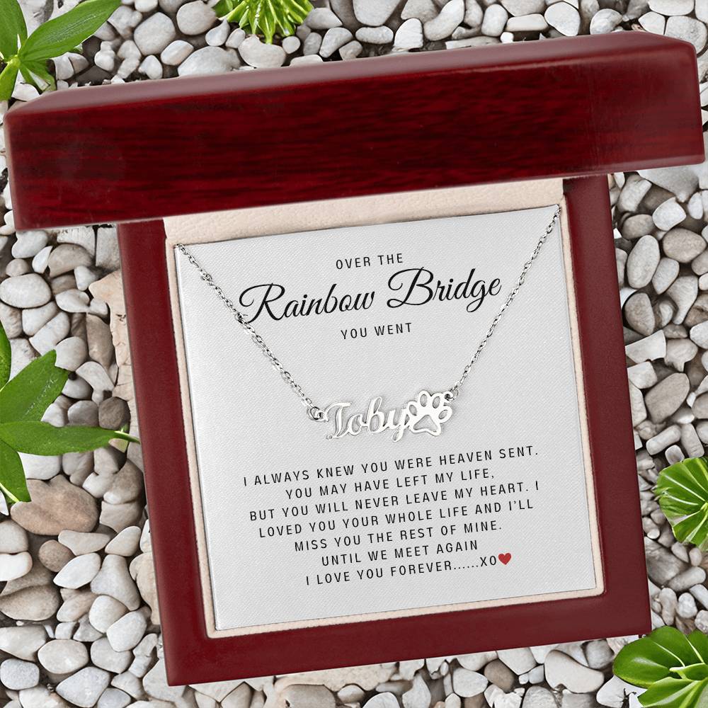 personalized pet name necklace with paw pendant