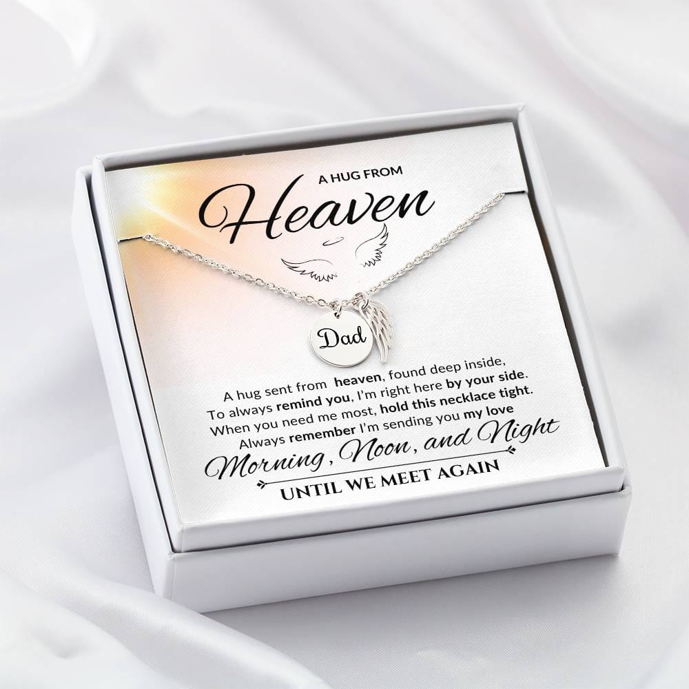 An elegant memorial necklace for dad, featuring angel wings and a pendant with a heartfelt poem. The pendant is displayed against a soft background, symbolizing eternal love and remembrance.