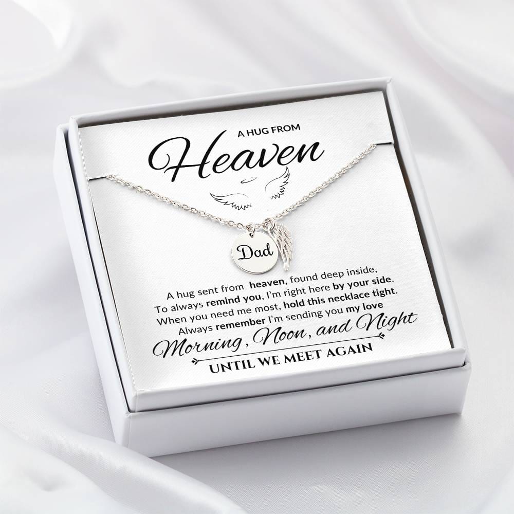 An elegant memorial necklace for dad, featuring angel wings and a pendant with a heartfelt poem. The pendant is displayed against a soft background, symbolizing eternal love and remembrance.