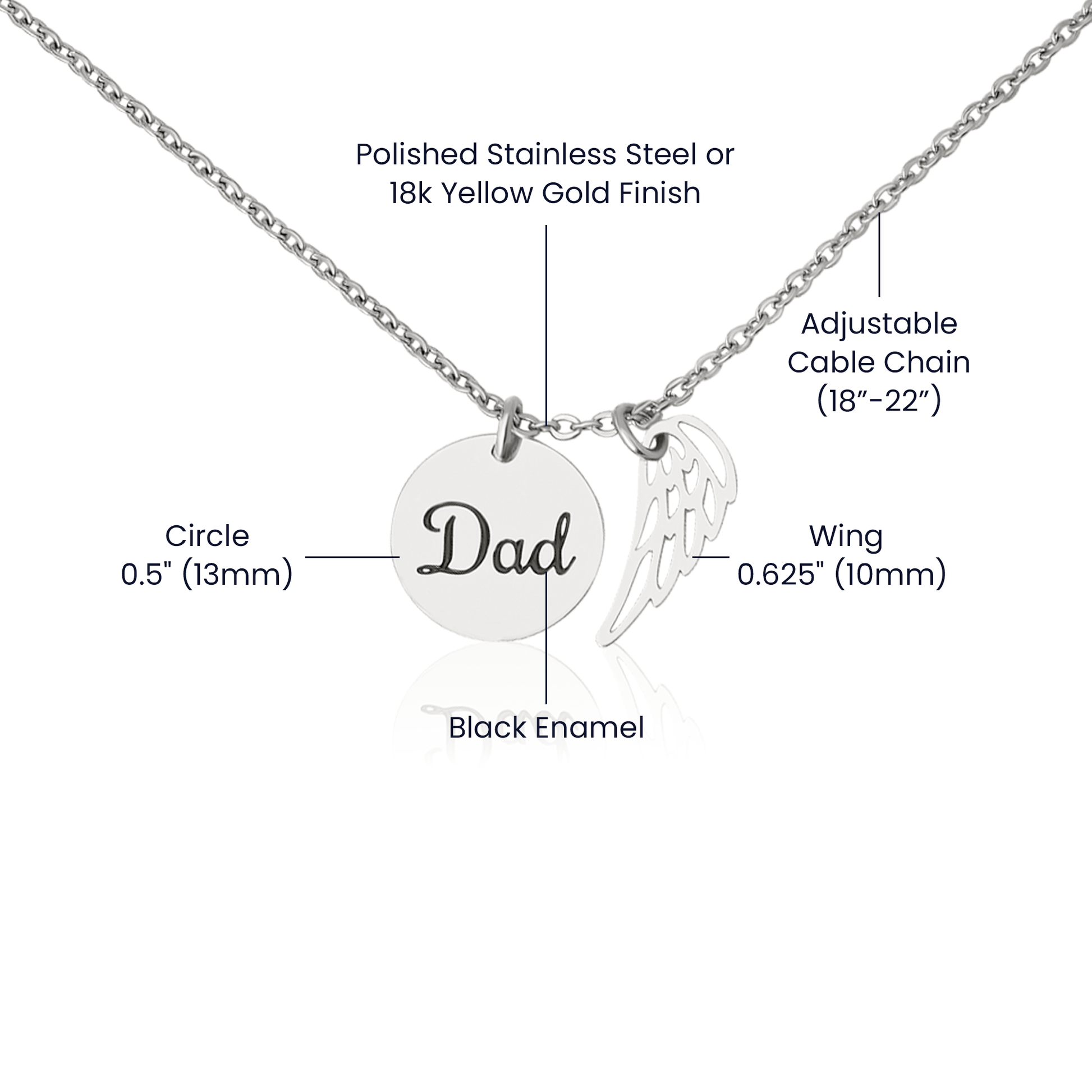 An elegant memorial necklace for dad, featuring angel wings and a pendant with a heartfelt poem. The pendant is displayed against a soft background, symbolizing eternal love and remembrance.