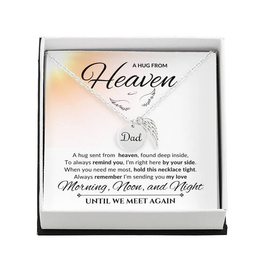 An elegant memorial necklace for dad, featuring angel wings and a pendant with a heartfelt poem. The pendant is displayed against a soft background, symbolizing eternal love and remembrance.