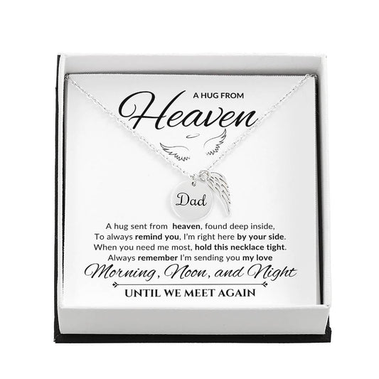 An elegant memorial necklace for dad, featuring angel wings and a pendant with a heartfelt poem. The pendant is displayed against a soft background, symbolizing eternal love and remembrance.