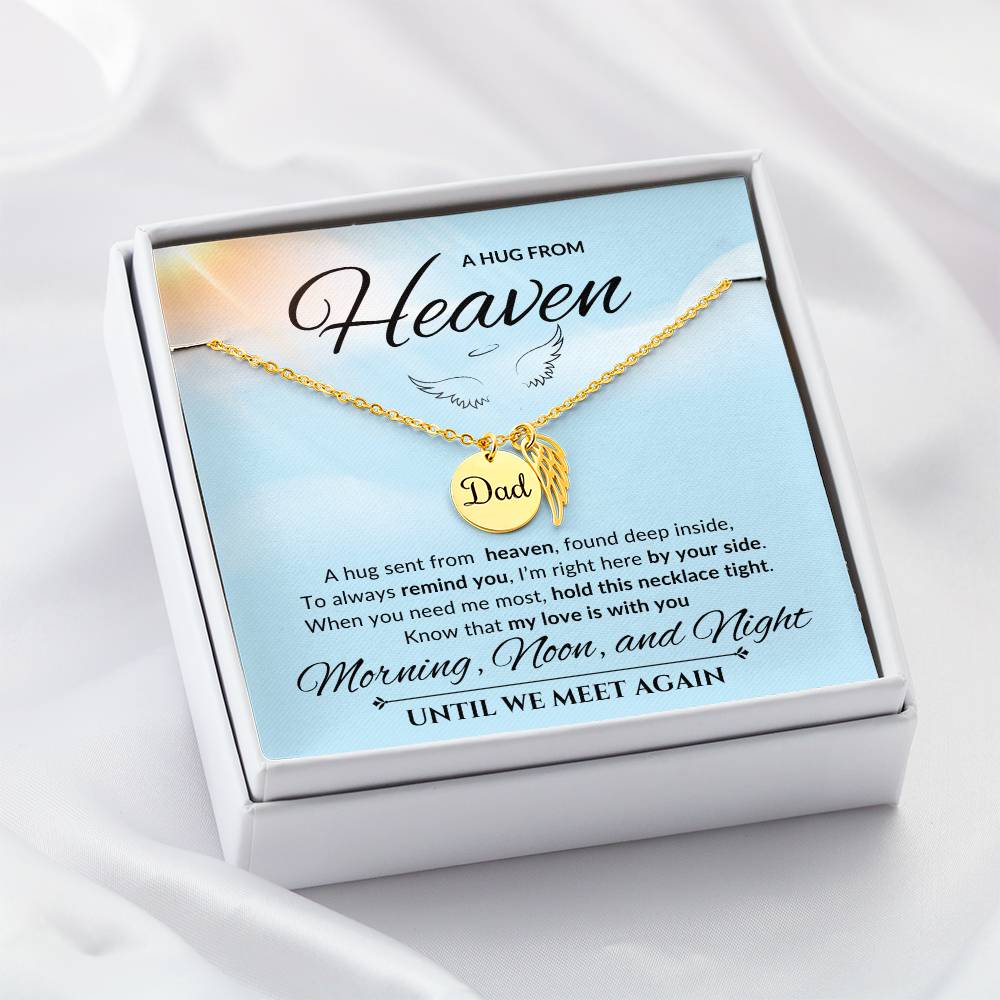 An elegant memorial necklace for dad, featuring angel wings and a pendant with a heartfelt poem. The pendant is displayed against a soft background, symbolizing eternal love and remembrance.