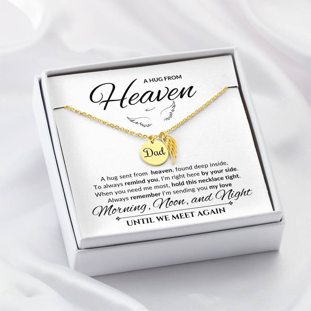 An elegant memorial necklace for dad, featuring angel wings and a pendant with a heartfelt poem. The pendant is displayed against a soft background, symbolizing eternal love and remembrance.