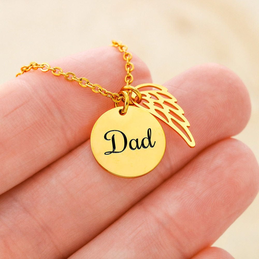 An elegant memorial necklace for dad, featuring angel wings and a pendant with a heartfelt poem. The pendant is displayed against a soft background, symbolizing eternal love and remembrance.