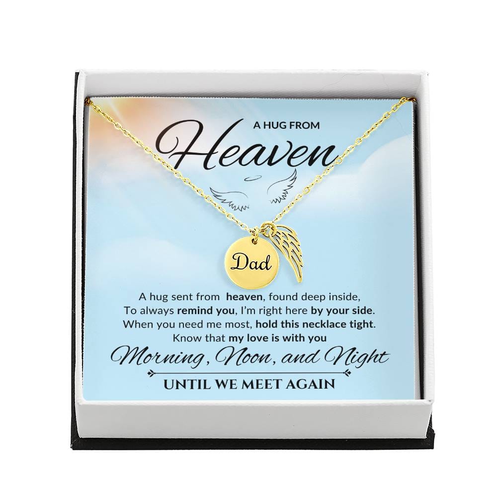 An elegant memorial necklace for dad, featuring angel wings and a pendant with a heartfelt poem. The pendant is displayed against a soft background, symbolizing eternal love and remembrance.