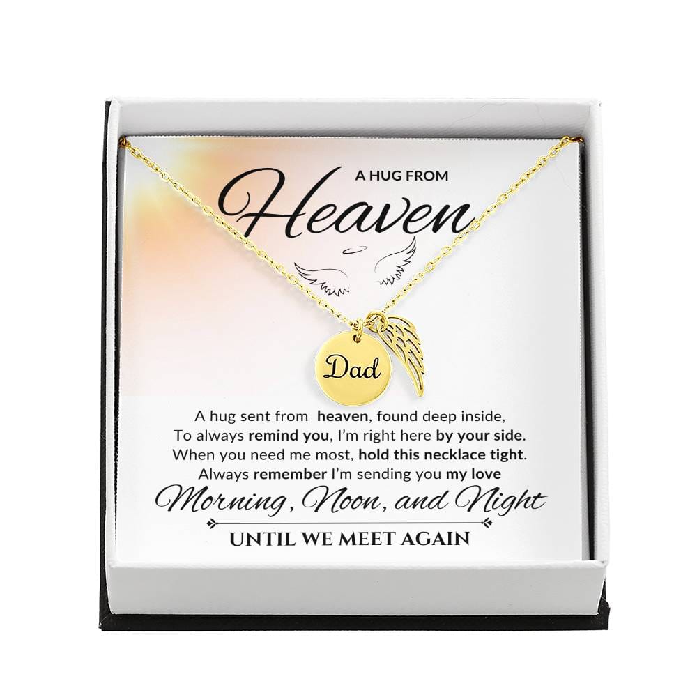 An elegant memorial necklace for dad, featuring angel wings and a pendant with a heartfelt poem. The pendant is displayed against a soft background, symbolizing eternal love and remembrance.