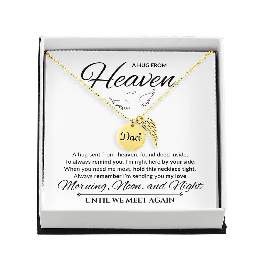 An elegant memorial necklace for dad, featuring angel wings and a pendant with a heartfelt poem. The pendant is displayed against a soft background, symbolizing eternal love and remembrance.