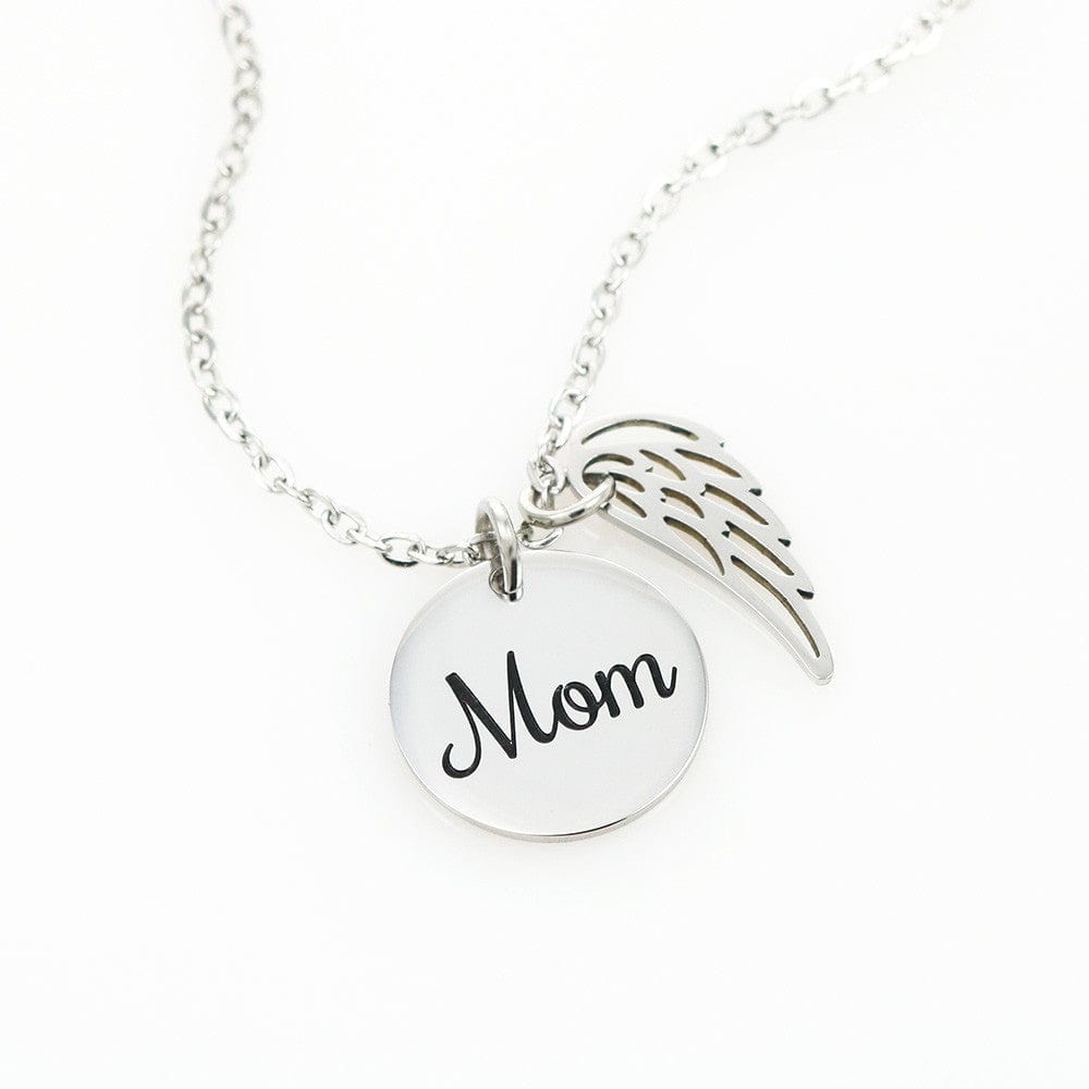 An emotional tribute necklace for mom, showcasing angel wings and a pendant with a heartfelt poem. The pendant is elegantly displayed against a serene backdrop, conveying everlasting love and fond memories.