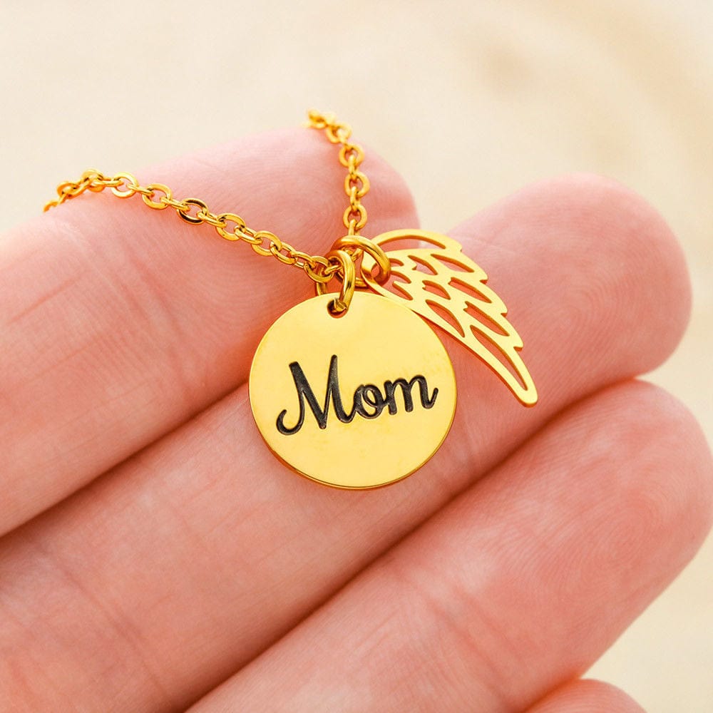 An emotional tribute necklace for mom, showcasing angel wings and a pendant with a heartfelt poem. The pendant is elegantly displayed against a serene backdrop, conveying everlasting love and fond memories.