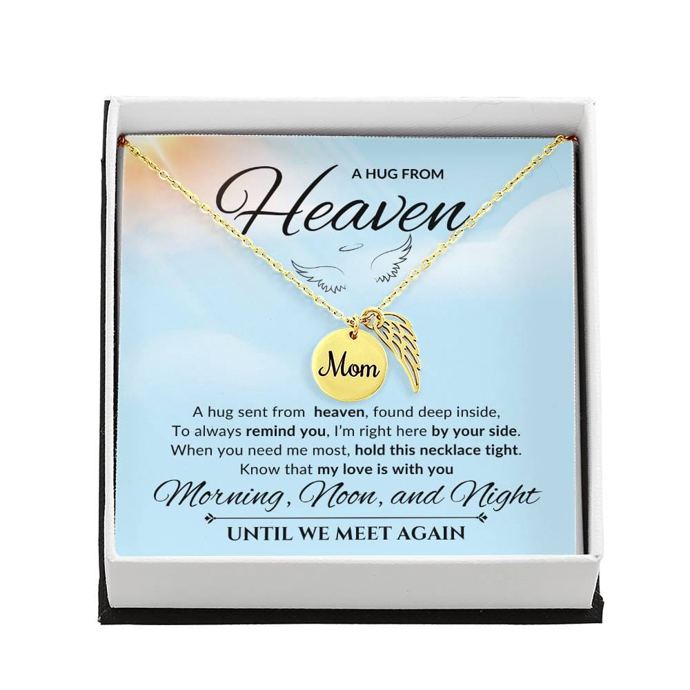 An emotional tribute necklace for mom, showcasing angel wings and a pendant with a heartfelt poem. The pendant is elegantly displayed against a serene backdrop, conveying everlasting love and fond memories.